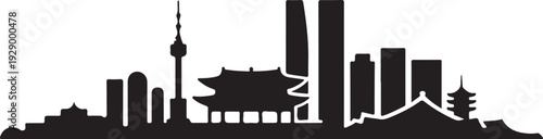 Seoul skyline silhouette with iconic landmarks and traditional buildings