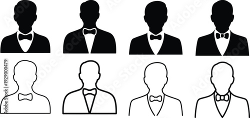 Set of groom icons featuring men in formal attire with bow ties, representing weddings, events, and elegant occasions. Solid and outline styles.