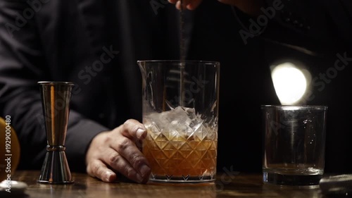 Bartender preparing an old fashioned cocktail in a mixing glass.