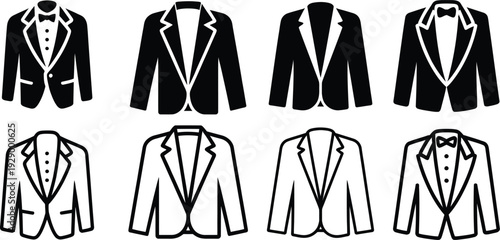 Set of jacket and suit icons for men, including tuxedos and formal wear with bow ties and lapels, for wedding and event design. Solid and outline.