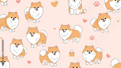 Sweet seamless pattern with cute fluffy pomeranian dogs and paw prints over a soft peach background for pet shop branding.