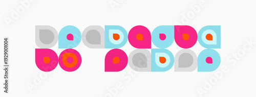 Colorful circles, squares form repeating pattern. Pink, teal hues dominate design. Simple geometric shapes create playful aesthetic.