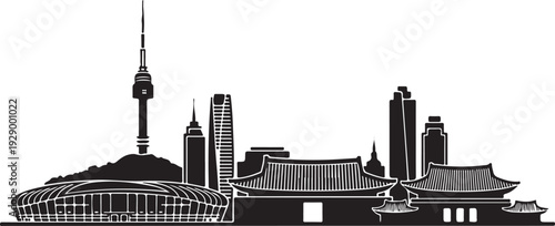 Seoul skyline silhouette with iconic landmarks and traditional buildings