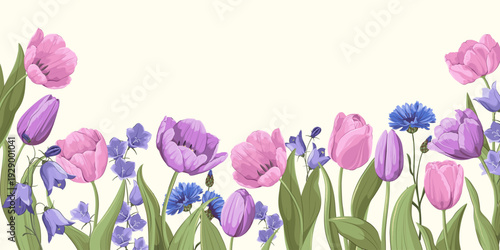 Horizontal banner with flowers. Tulips, cornflowers, and bluebells. Vector background.
