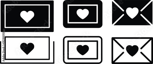 Set of icons representing love letters and messages with heart symbols, conveying affection and romance. Available in solid and outline designs.