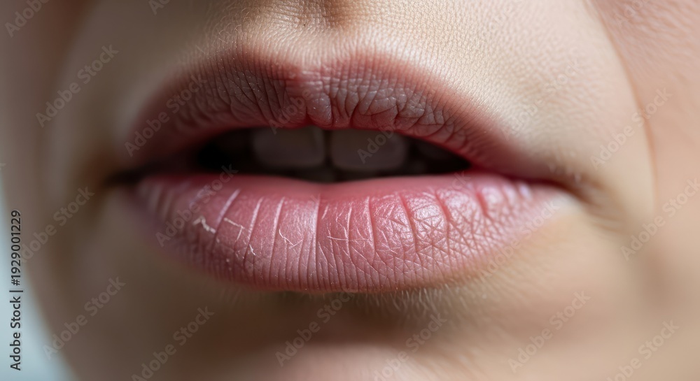 Fototapeta premium Detailed closeup captures dry lips with visible cracks, highlighting skincare needs