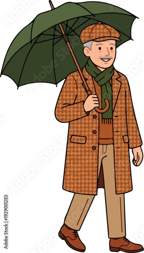 A cheerful senior man enjoys a stroll with a green umbrella on a rainy day, exuding a sense of carefree joy and modern style
