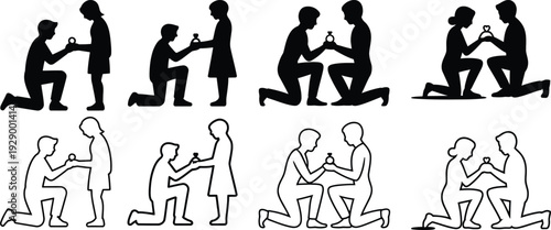 Romantic silhouette icons of men proposing marriage to women with engagement rings, showing love and commitment. Includes solid and outline styles.
