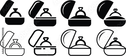 Collection of wedding ring box icons with engagement rings, symbolizing love, proposal, and marriage. Includes solid black and outline styles.