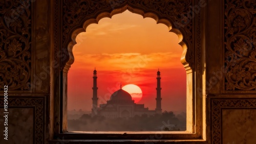 Islamic mosque with a central dome and two minarets stands silhouetted against a vibrant orange sun as seen through an ornate scalloped stone arch with floral reliefs.