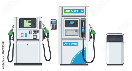 Gas station fuel pumps and air water machine, white background, isolated.