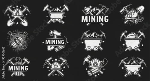 Collection of mining related logos and emblems in monochrome style on dark background.