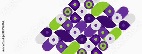 Abstract pattern features repeating shapes. Purple, green hues dominate white background. Geometric design creates dynamic visual texture.