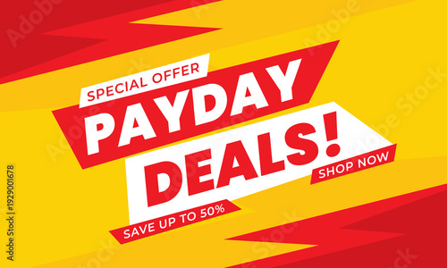 Payday deals sale banner template with modern red and yellow abstract background, special offer save up to 50%, suitable for sale promotion, shopping, marketing ads, events, and websites