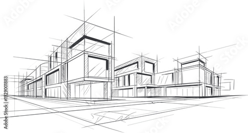 Black and white line of a modern multi-story building complex with geometric shapes and architectural details