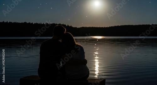 Serene lakeside embrace under the moonlit sky, a romantic moment captured