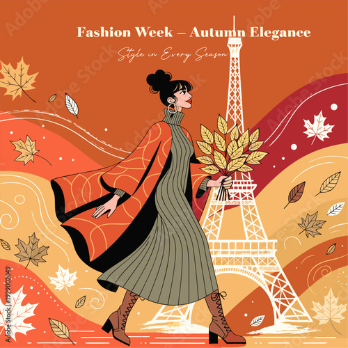 A vibrant illustration of a woman in an elegant autumn outfit walking in front of the Eiffel Tower