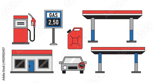 Gas station elements - fuel pump, sign, canister, canopy, and car.