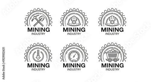Mining industry logos featuring various tools and equipment in circular designs.
