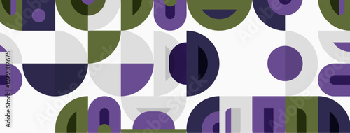Abstract geometric pattern. Circles, semicircles, shapes overlap creating modern design. Purple, olive, gray tones dominate composition.