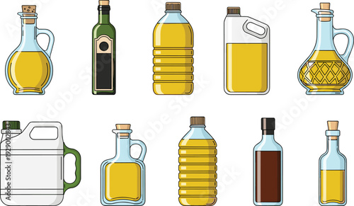 Oil Bottle Icons Set Featuring Various Glass and Plastic Bottles