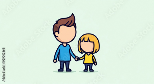 A cartoon illustration of a man and a child holding hands standing on a light green background with a simple and cute design