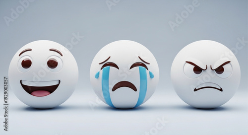 Three emoji balls representing happiness sadness and anger on a light background.