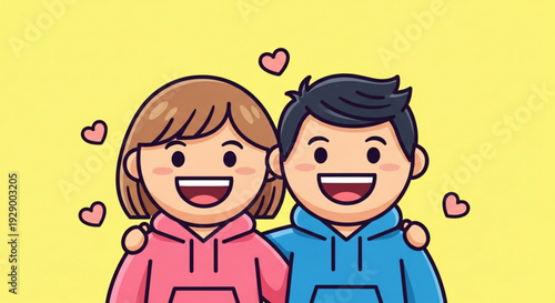 Happy cartoon couple in love with hearts around them on yellow background