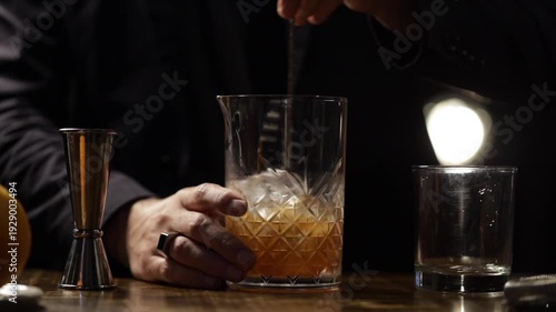 Bartender preparing an old fashioned cocktail in a mixing glass.
