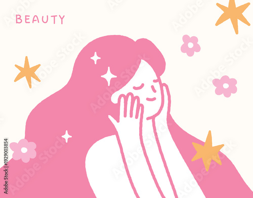 Skin care concept handdrawn illustration with beautiful woman and stars.