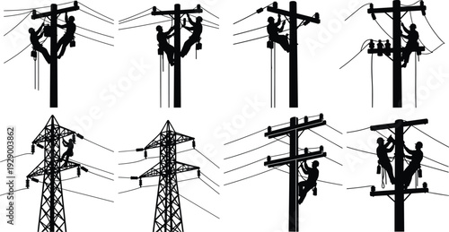 Silhouettes of linemen working on electrical power poles and high voltage towers isolated on white background for utility industry concepts.