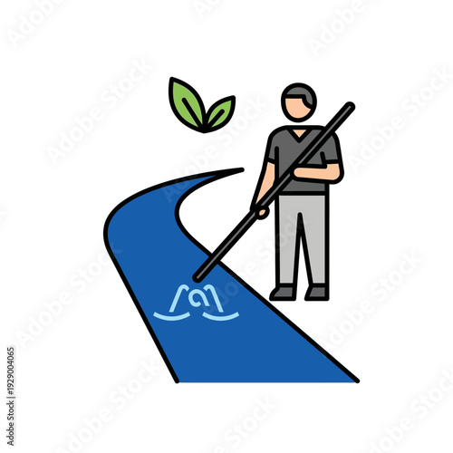 Man Raking Leaves in River Illustration.