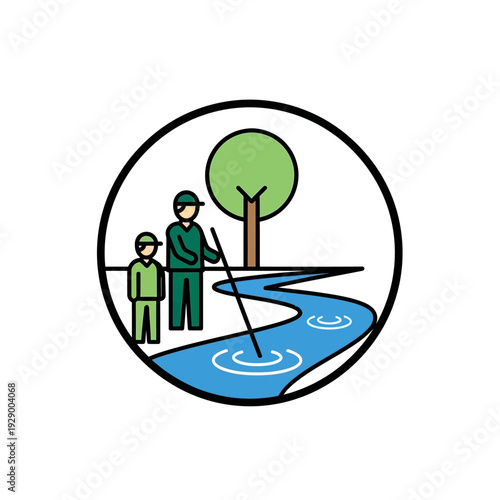 Father and Son Fishing by Riverbank.