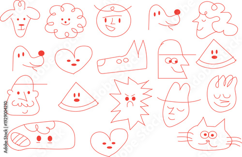  collection of hand-drawn, red-outlined doodle characters and objects. 