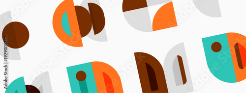 Abstract geometric pattern. Shapes overlap, creating modern design. Colors include brown, orange, teal, gray. Simple, clean aesthetic.