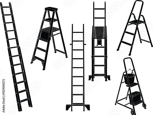 Black ladder collection set isolated on white background, step ladder, extension ladder, folding ladder equipment illustration silhouette