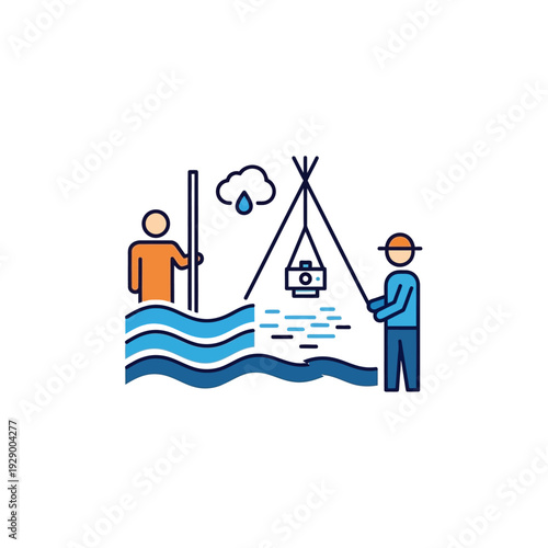 Two Men Fishing from Water with Net.