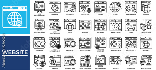Website icon set collection. Containing www, operation, transfer, cog, progress, seo, globe .Line vector icons collection