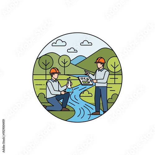 Engineers Inspecting Water Quality at River Site.
