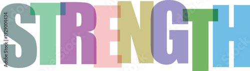 Overlapping letters spell the word STRENGTH in muted pastel green Colorful text effect