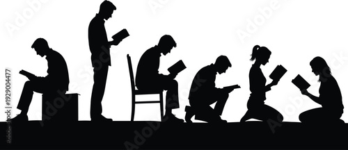 Silhouettes of people reading books in various poses including sitting, standing, and kneeling, ideal for education, library, and learning concepts.