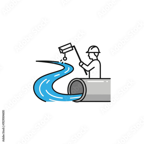 Worker Painting Pipe with Water Flowing Out.