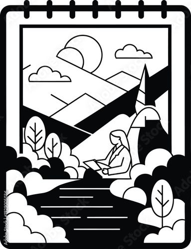 A serene illustration of a person reading on a path surrounded by clouds and mountains, evoking a sense of calm wqe