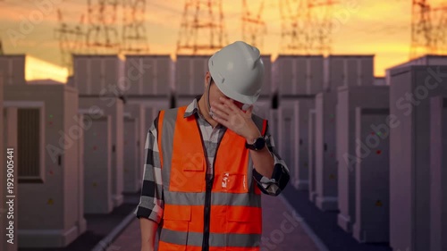 Asian Male Engineer With Safety Helmet Having A Headache While Working with High Voltage Power Transmission Towers