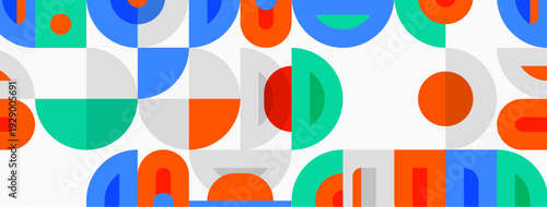 Abstract geometric pattern. Circles, semicircles, arcs create colorful, repeating design. Modern aesthetic, simple shapes dominate composition.