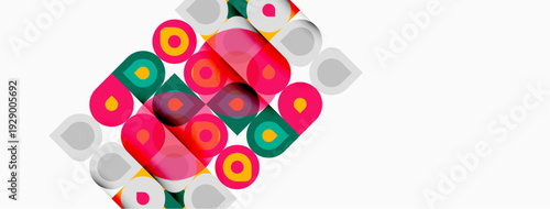 Abstract colorful circles, squares, rectangles overlap creating dynamic composition. Bright hues dominate white background. Modern design.