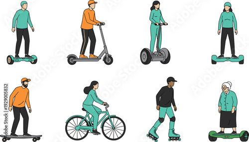 Personal Transportation Icons Set Featuring People Riding Scooters, Skateboards, and Bicycles