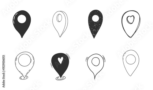 Doodle Location Pin set, pin line hand drawn for planner or map. Gps Navigation Markers pinpoints, tags, flag icons. 