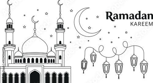 Ramadan Kareem Icons Set Featuring Mosque, Crescent Moon, Stars, and Lanterns