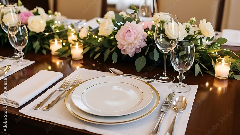 Fototapeta premium Beautiful mother's day table setting with stunning flower arrangements and elegant decor